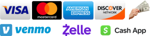 payment options - major credit cards, venmo, zelle, cash app and cash